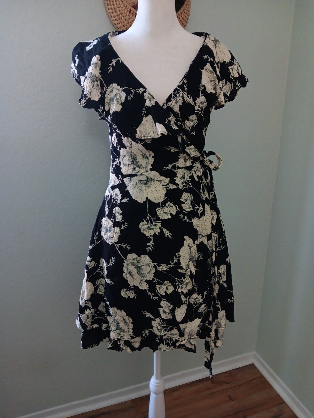 Free People Black Wrap Dress with Cream Floral Print